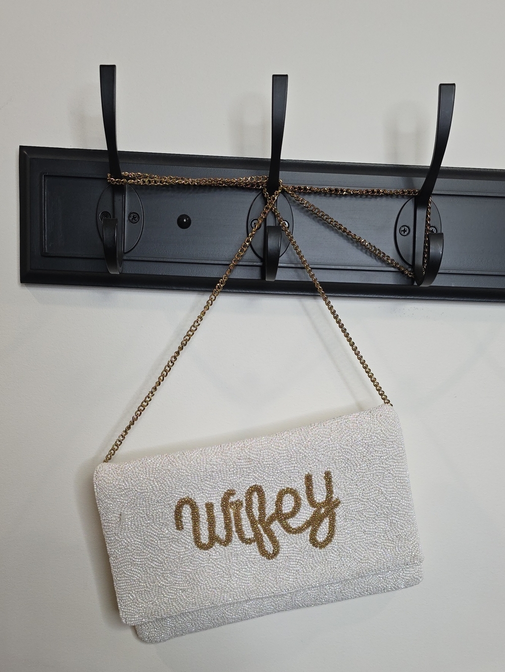 Beaded 'Wifey' Clutch Bag in White with Gold Script